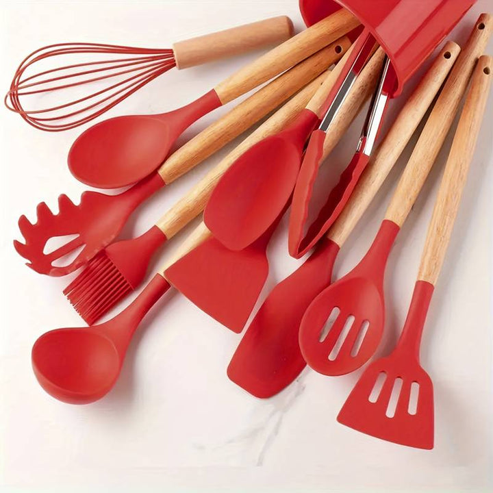 Ensemble d'outils de cuisson en silicone résistant à la chaleur pour une cuisine organisée.
