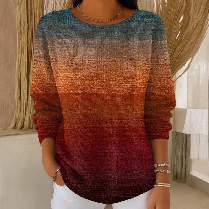 Pull femme dégradé et polyvalent à col rond. Manches longues. Vêtement confortable et tendance pour la mode féminine automne.