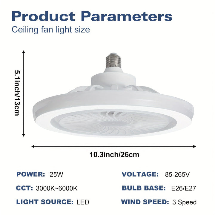 Ventilateur de plafond LED intelligent avec éclairage réglable par télécommande.
