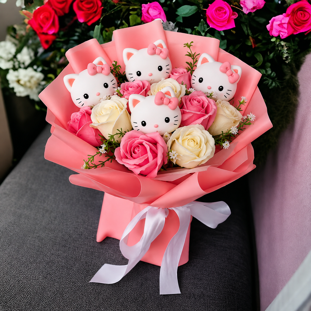 Bouquet de fleurs synthétiques colorées avec chatons, un cadeau fantaisie et joyeux pour toute occasion.