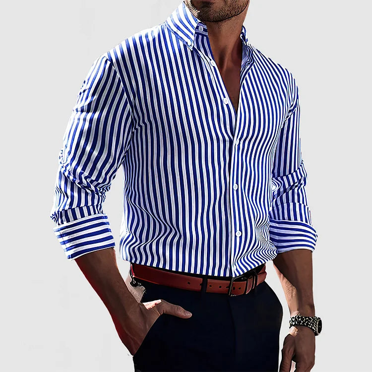 Chemise rayée élégante pour hommes, manches longues. Idéale mode masculine printemps/automne.