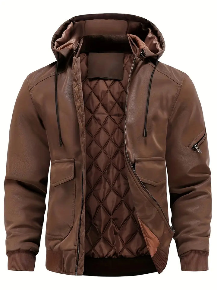 Veste homme Ismael en cuir noir avec capuche, style urbain décontracté, idéal automne/hiver. Blouson chic et tendance.