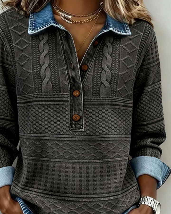 Haut femme versatile, col polo, effet denim. Parfait pour printemps et automne, style élégant décontracté.