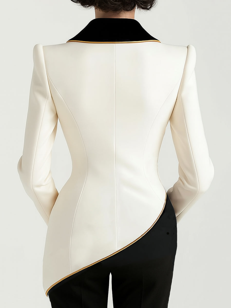 Veste blazer asymétrique femme, col contrasté. Mode féminine audacieuse et moderne. Tenue chic et cintrée.