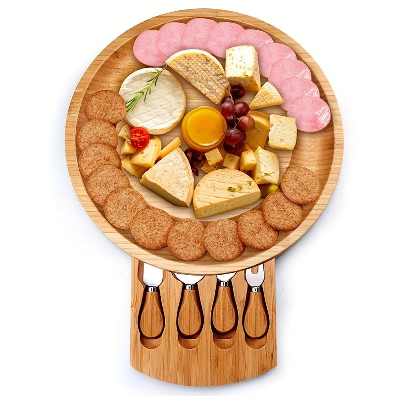 Planche à fromage en bambou élégante avec tiroir caché et 4 couteaux. Parfaite pour apéritif ou cadeau.