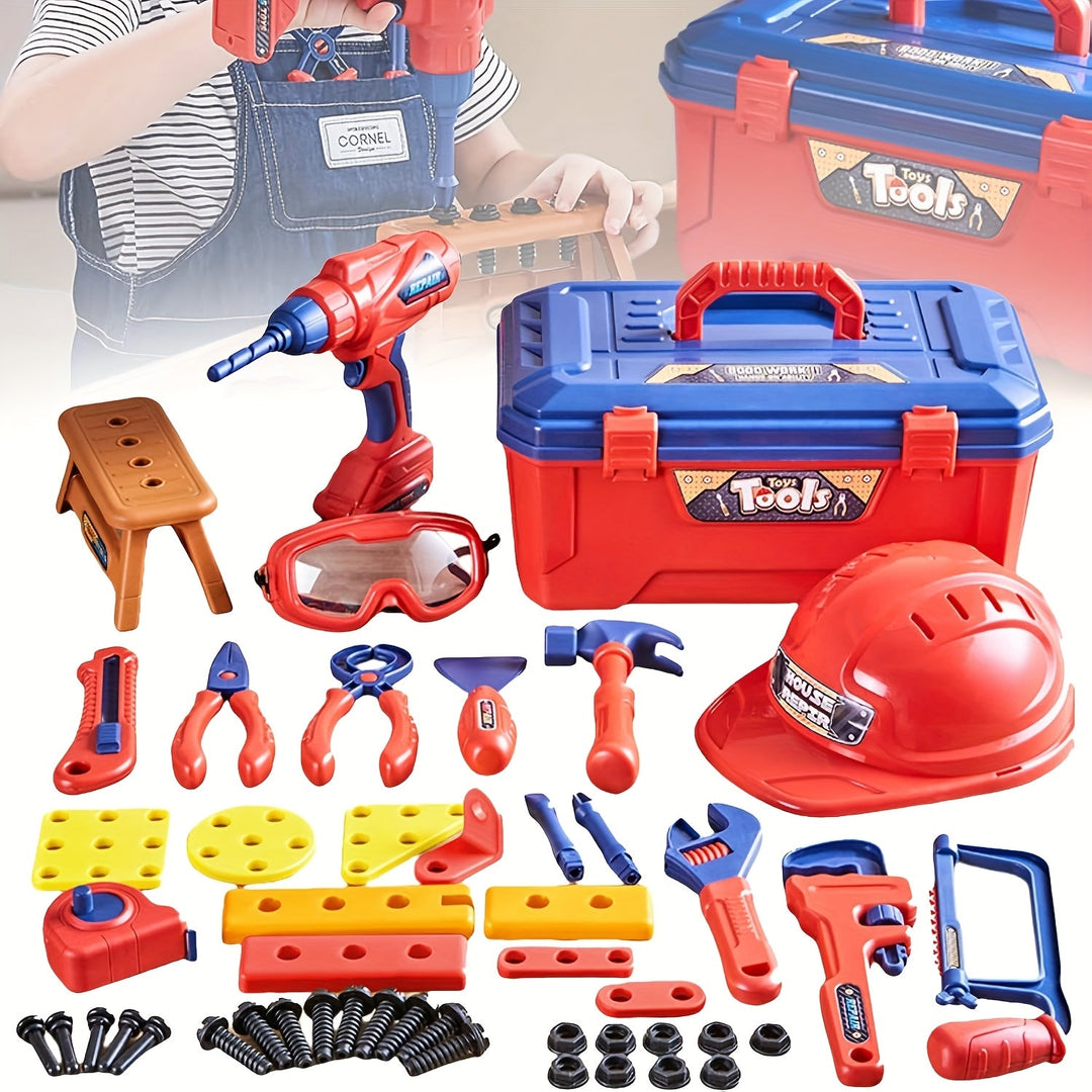 Kit d'outils 48 pièces pour enfants avec perceuse électrique fonctionnelle et casque de sécurité.