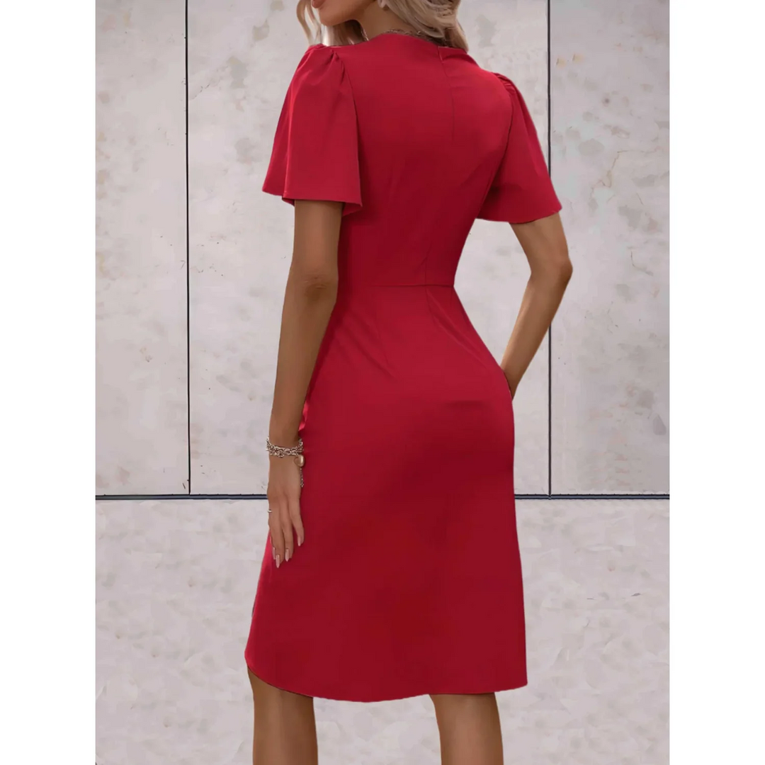 Robe de soirée femme portefeuille midi, avec col V et manches longues. Style élégant pour cérémonie.