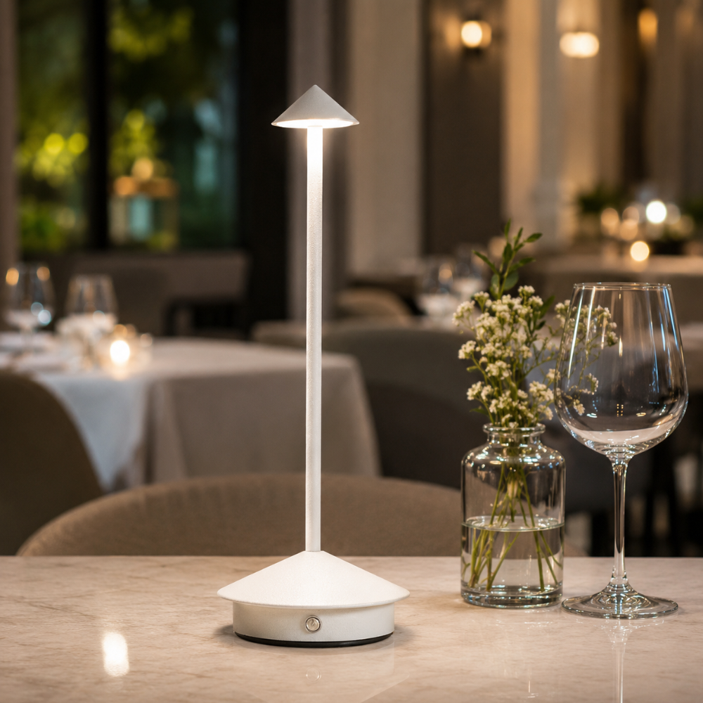 Lampe de table LED sans fil moderne à dimming tactile, design minimaliste pour déco intérieure.