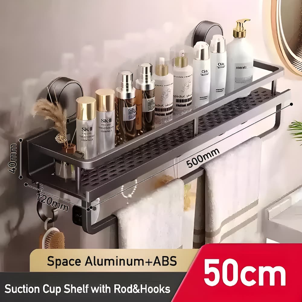 Rangement de salle de bain Shelfy en aluminium, étagère murale sans perçage pour une douche organisée et stylée.