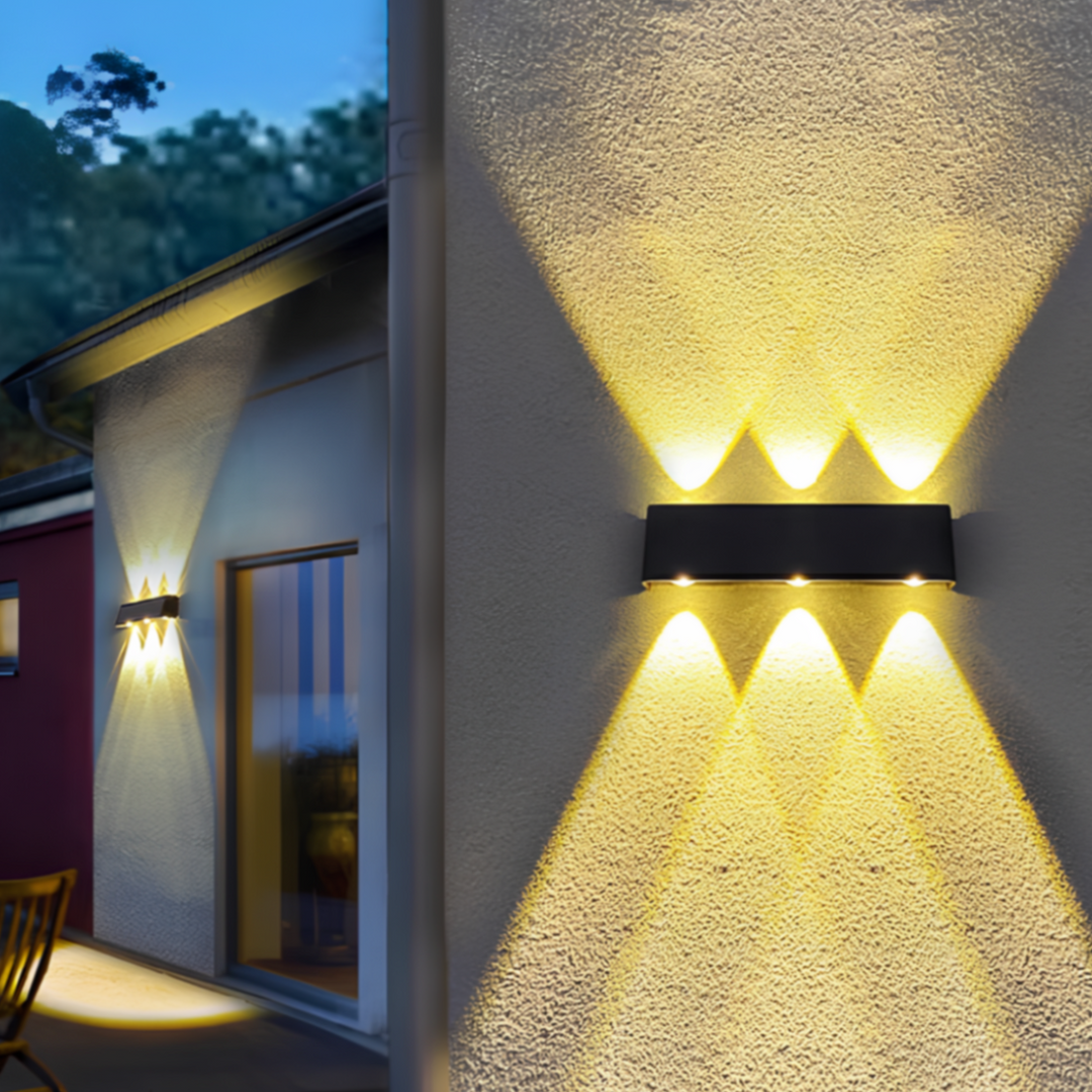 Applique murale solaire LED moderne, éclairage blanc chaud pour jardin ou terrasse, autonome et étanche IP65.