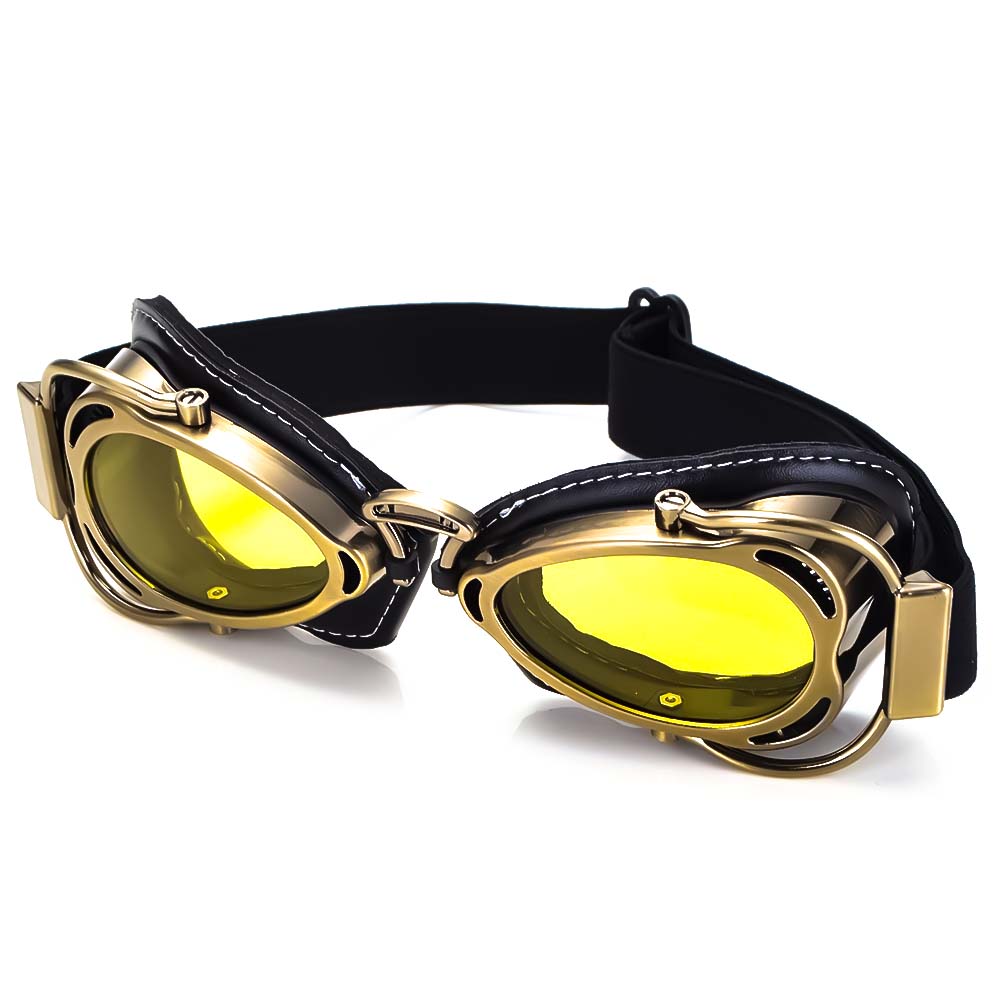Ensemble : casque jet et lunettes moto pliables classiques, look motard vintage complet.