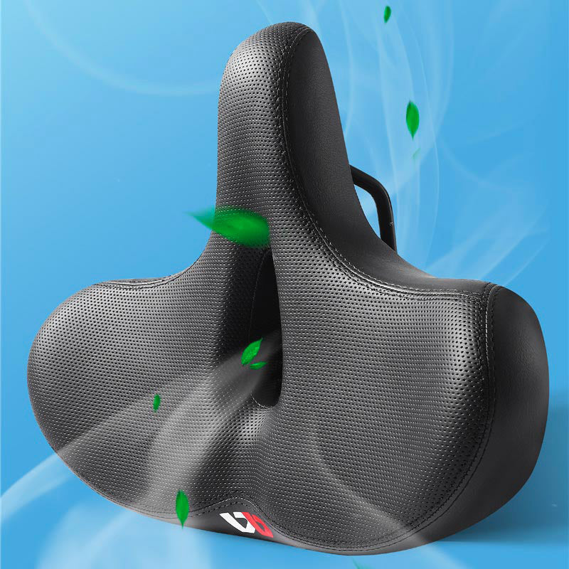 Selle de vélo noire large et confortable, avec design ergonomique pour une meilleure expérience de cyclisme.
