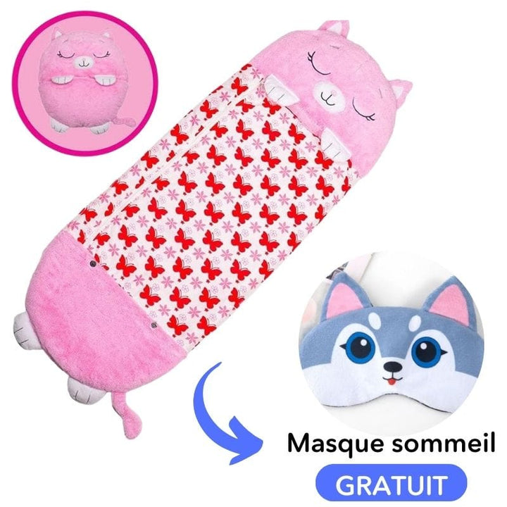 Sac de couchage enfant en flanelle douce, se plie en coussin. Le BisouBag 2-en-1 offre confort et jeu.