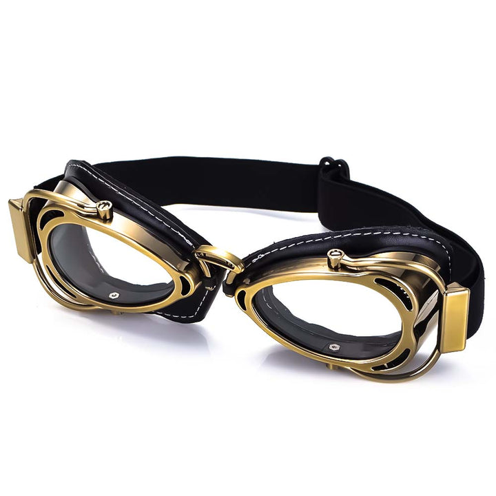 Lunettes motard style rétro, monture articulée pliable pour un rangement facile.