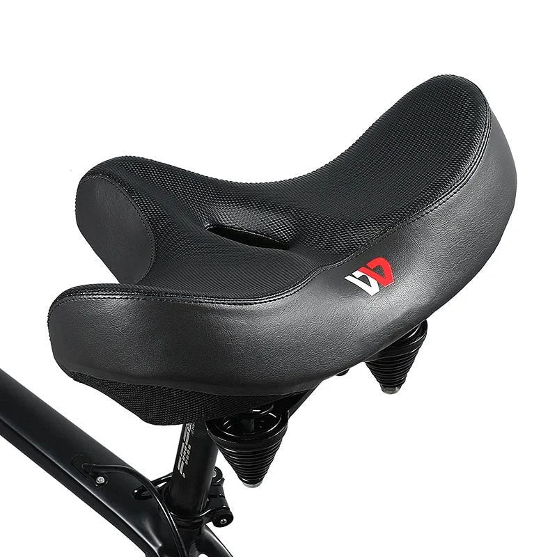 Selle de vélo ergonomique noire pour confort optimal, large et respirante, idéale pour VTT, route et randonnée.