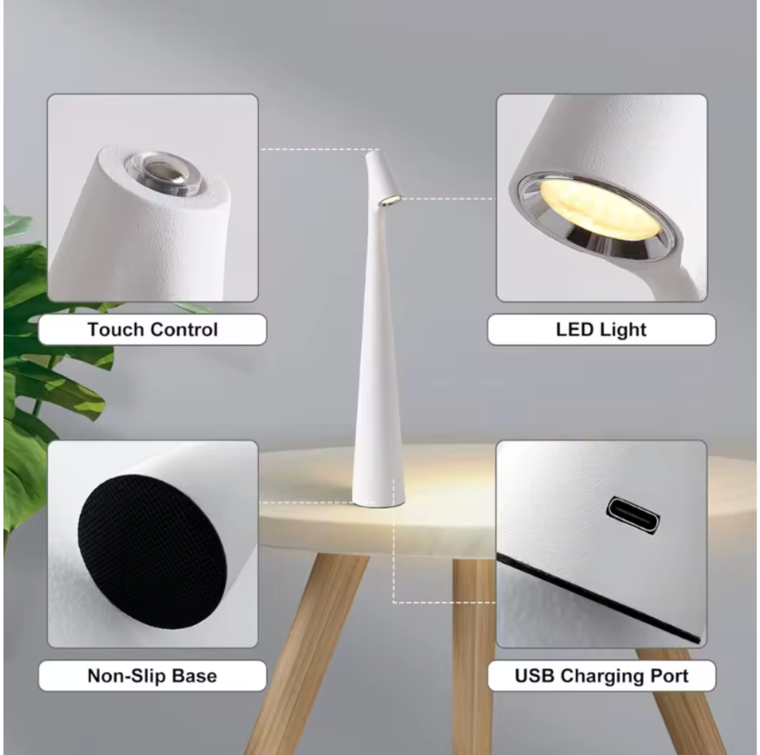 Lampe de table LED tactile, allumage facile, sans fil, rechargeable, design moderne.