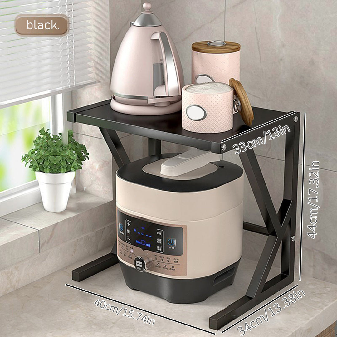 Étagère de cuisine double niveau en acier robuste pour rangement optimal, idéale pour micro-ondes, moderne.