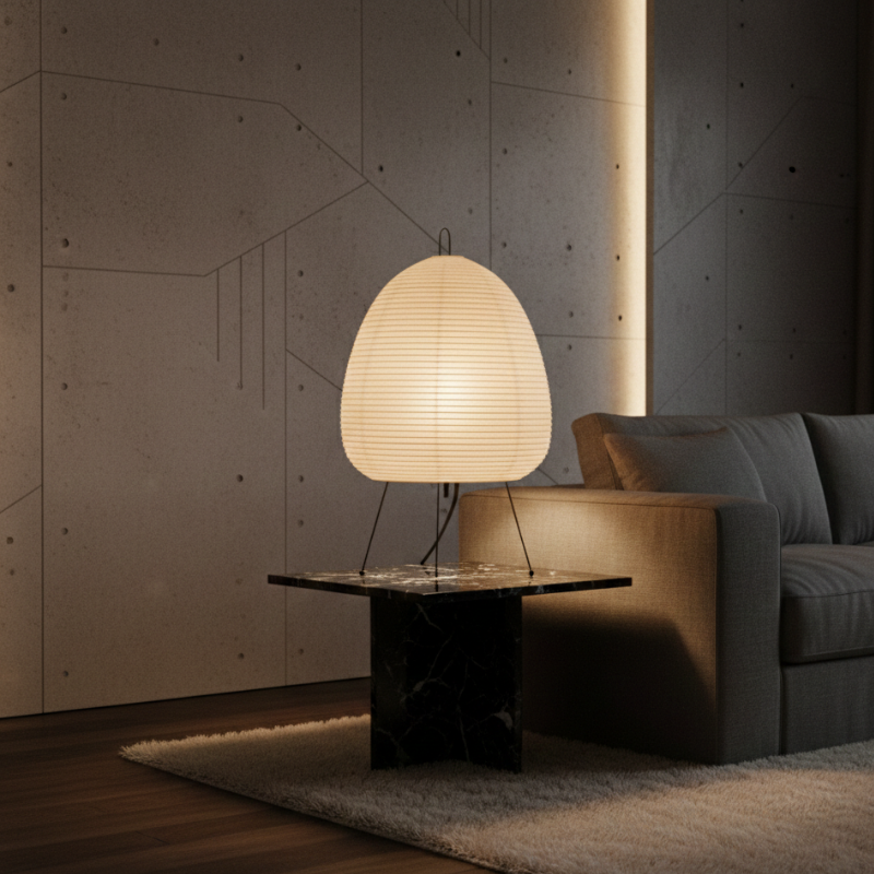 Lampe de table japonaise LED, design minimaliste. Crée une ambiance zen et chaleureuse.