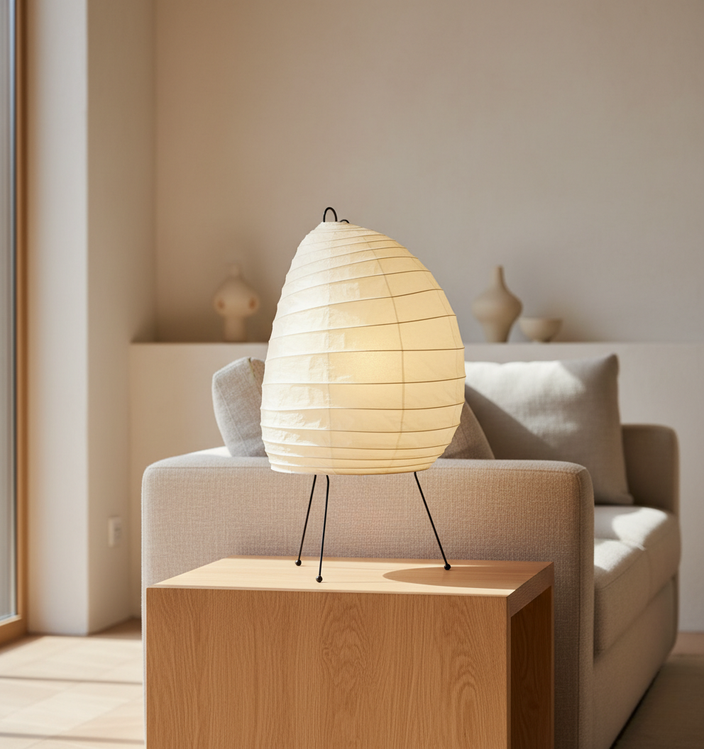 Lampe de table élégante style japandi avec diffuseur papier washi, lumière douce.