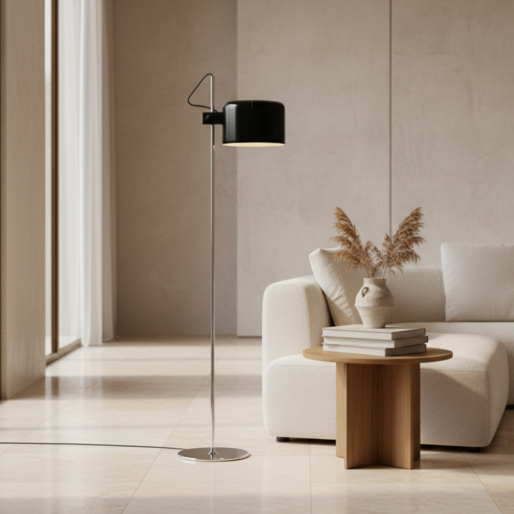 Lampe de sol moderne réglable pour salon, design élégant noir, éclairage flexible lecture.
