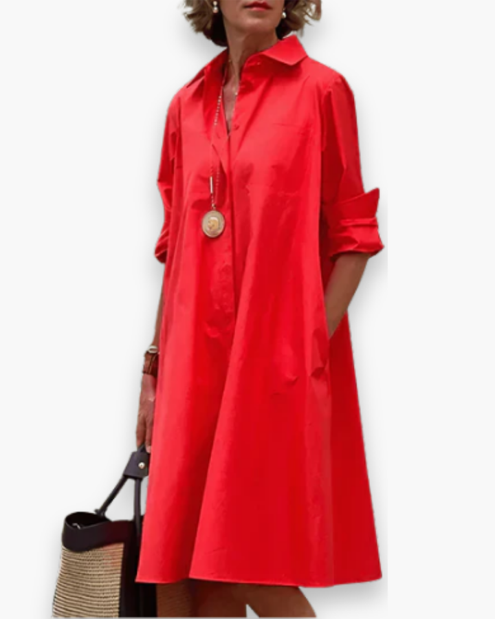 Robe chemise ample femme élégante et fluide, idéale pour la mode printemps-été décontractée chic.