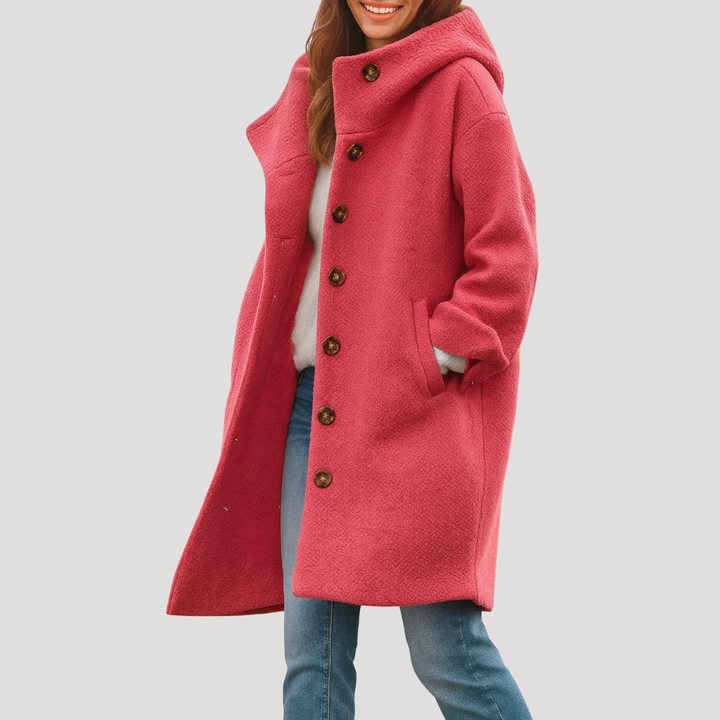 Manteau femme élégant à capuche, boutonné, pour un confort chic en automne et hiver. Mi-long, parfait pour le quotidien.