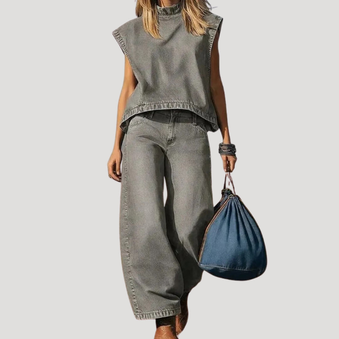 Ensemble femme élégant : haut sans manches et pantalon fluide. Tenue chic et confortable pour mode décontractée.