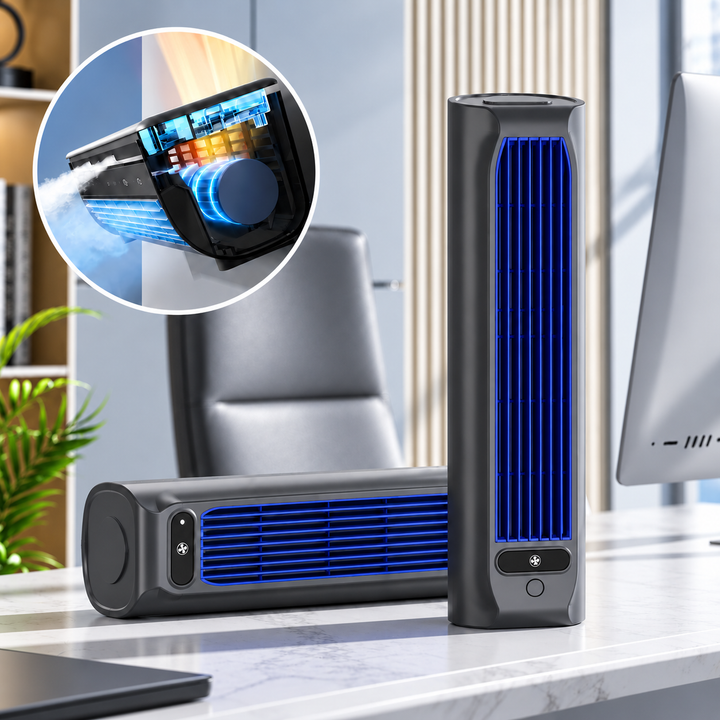 Ventilateur colonne portable rechargeable, apportant fraîcheur sans fil au bureau ou à la maison.