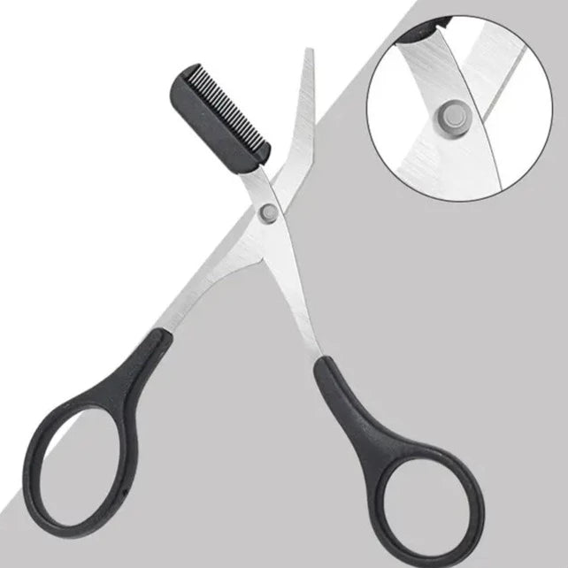 Gros plan sur les ciseaux à sourcils TrimLuxe, lame de précision, peigne pour entretien maquillage.
