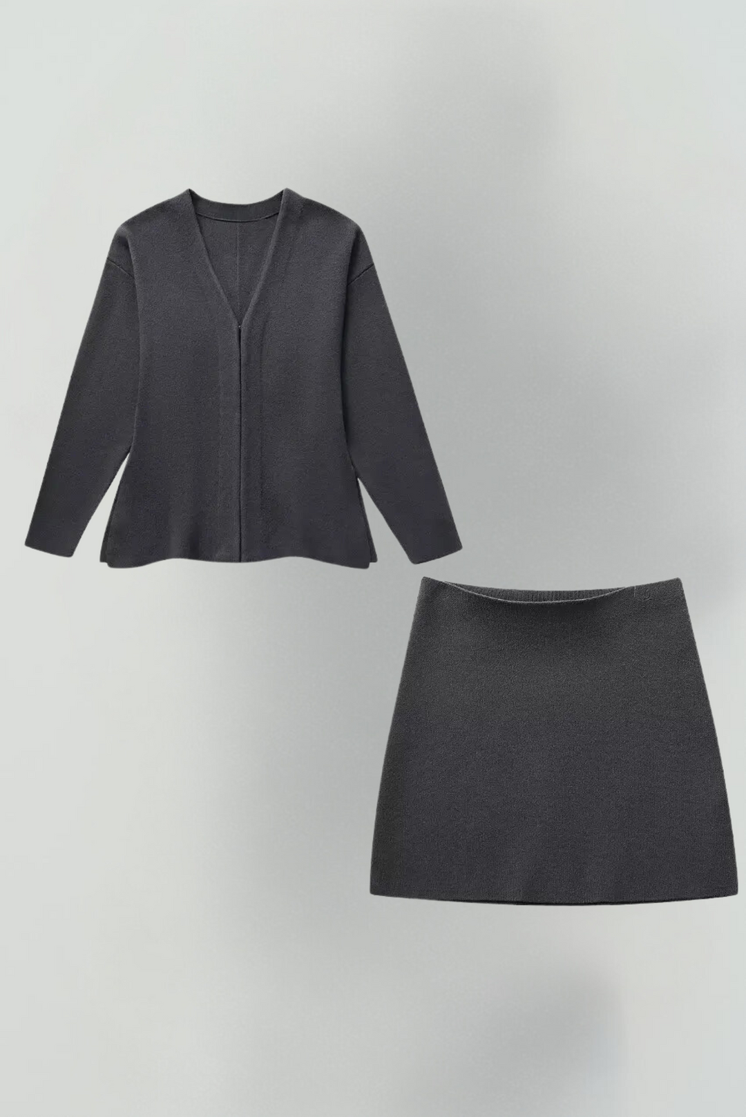 Look complet femme: ensemble deux pièces en tricot, jupe et cardigan élégants et chauds.