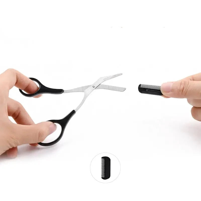 Ciseaux à sourcils TrimLuxe argentés, design compact avec peigne, pour entretien quotidien des sourcils.