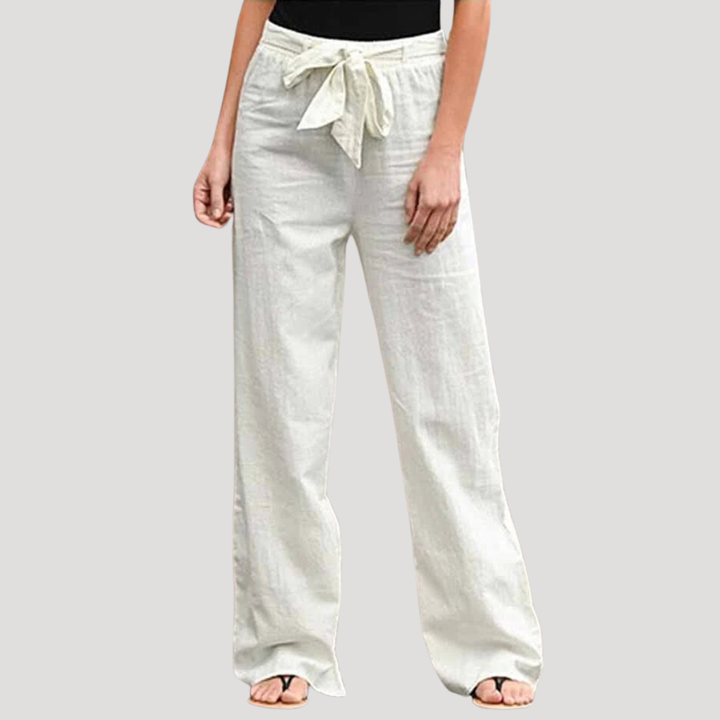 Pantalon femme léger en lin blanc, coupe droite. Idéal pour un look estival décontracté et confortable.