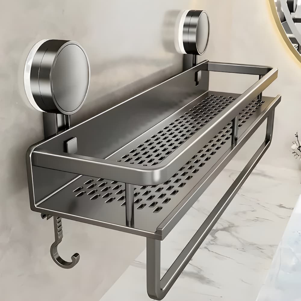 Organisateur de douche mural Shelfy en aluminium, rangement sans perçage pour salle de bain moderne.