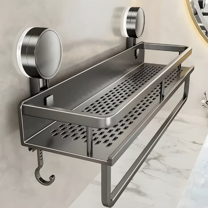 Organisateur de douche mural Shelfy en aluminium, rangement sans perçage pour salle de bain moderne.