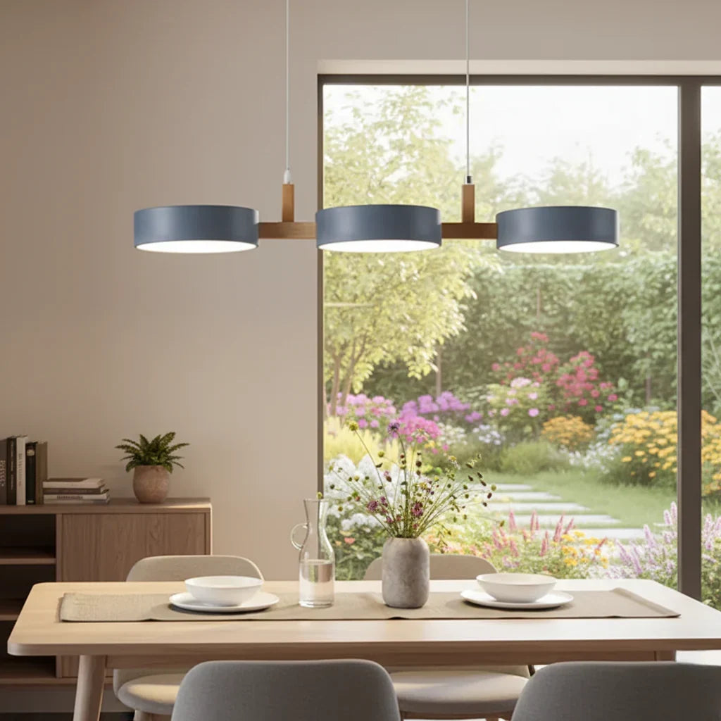 Luminaire LED suspendu, design géométrique moderne, parfait pour cuisine et îlot central.