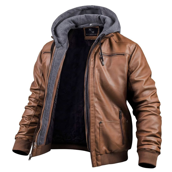 Veste en cuir noir premium pour homme, blouson hiver chaud avec capuche élégante, style urbain et protection.