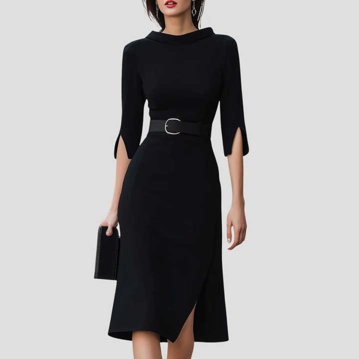 Robe midi noire cintrée élégante pour femme, parfaite pour une soirée chic d'automne.