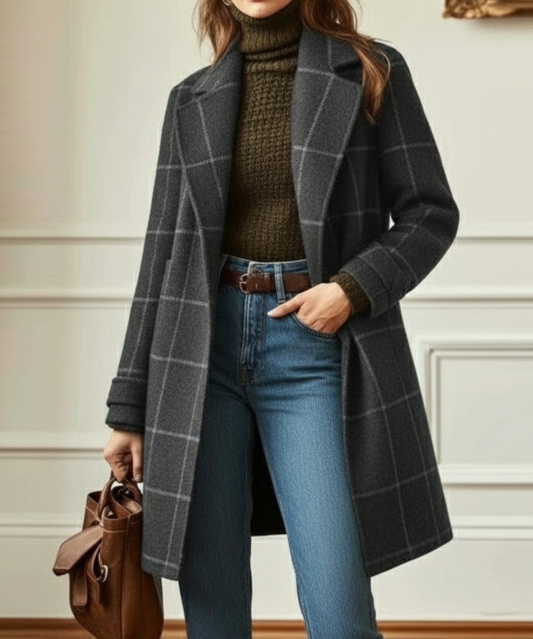 Chic pardessus femme à carreaux pour hiver et automne, avec col revers élégant. Manteau long, tendance mode femme.