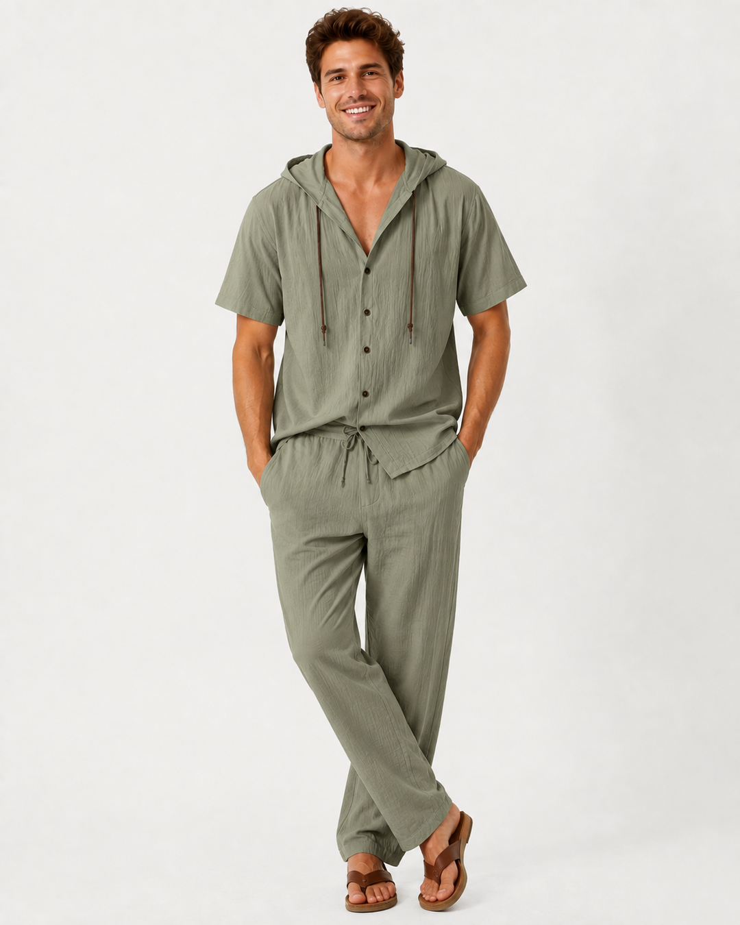 Ensemble homme été, t-shirt à capuche et pantalon long, combinant confort et style décontracté pour vos loisirs.