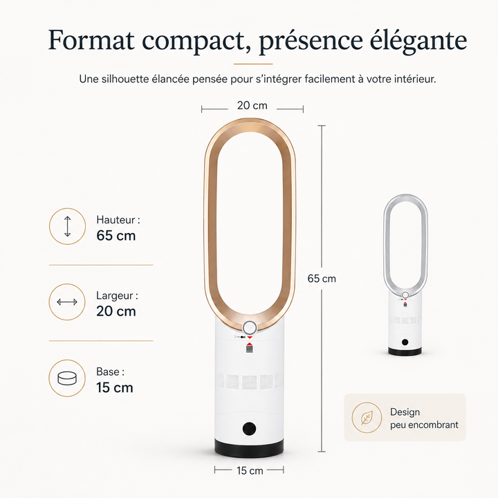 Vue latérale du ventilateur colonne élégant. Design moderne, silencieux, purifie l'air par ionisation.