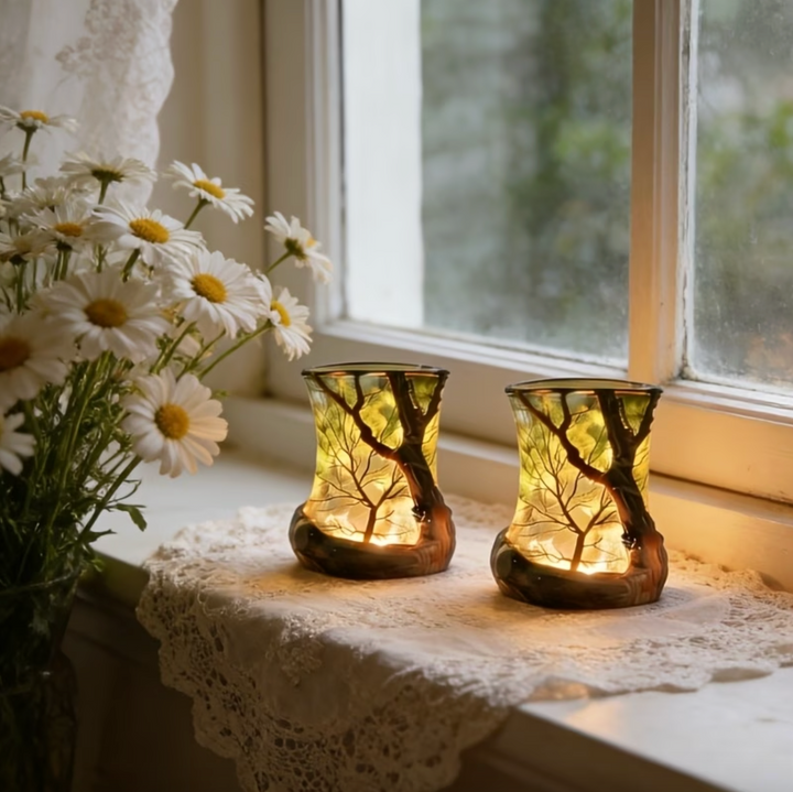 Luminaire d'ambiance avec LED, diffusant des motifs d'arbres élégants pour une décoration intérieure unique.
