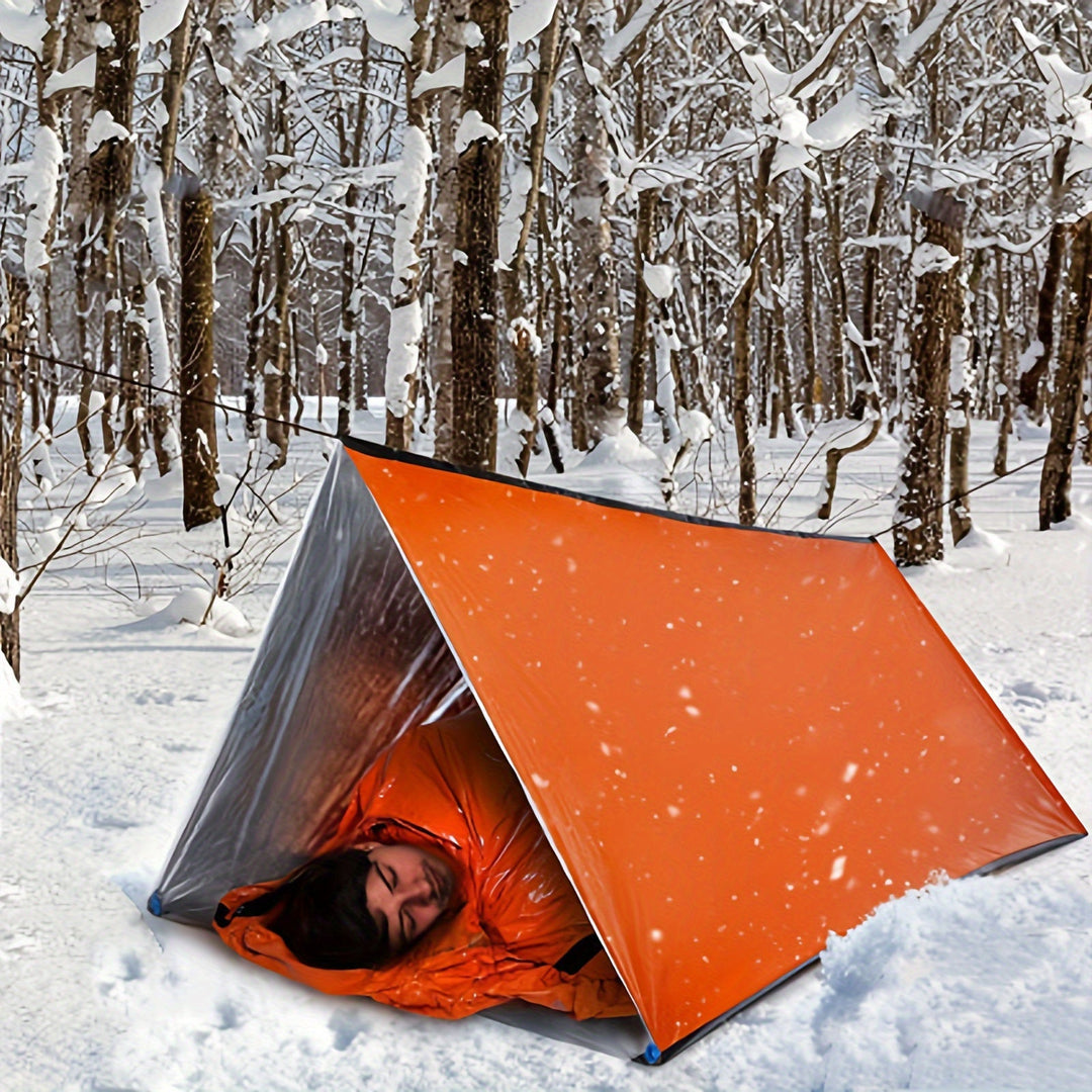 Tente de survie compacte et portable pour 2. Imperméable, parfaite pour randonnée et camping.