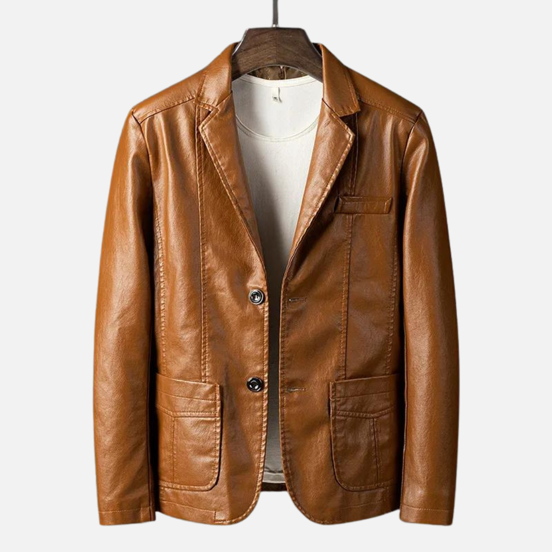 Veste en cuir noir homme avec boutons, coupe intemporelle pour une mode masculine élégante et chic.