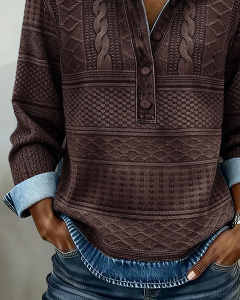 Mode femme: haut élégant effet denim, col polo. Une touche décontractée pour le printemps ou l'automne.