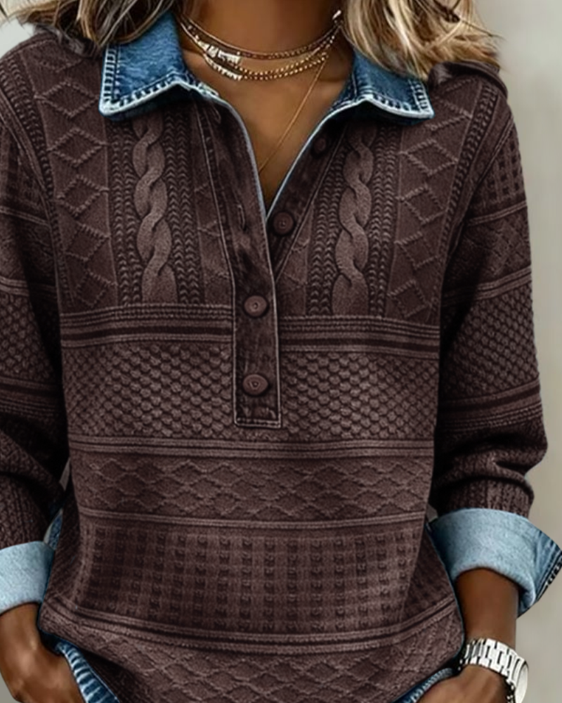 Haut femme stylé à col polo effet denim, pour un look élégant et décontracté en toute saison.