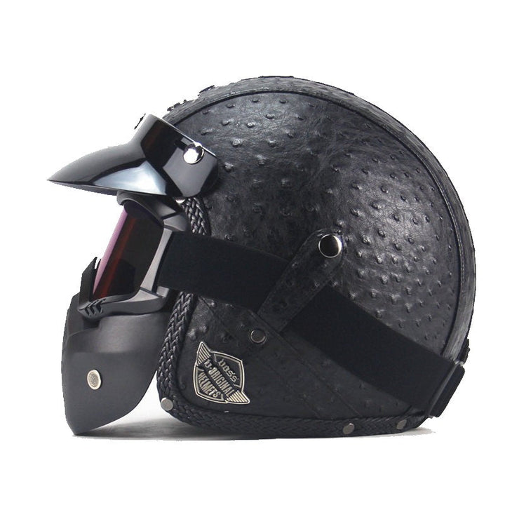 Casque moto vintage 3/4 en cuir PU, parfait pour les motards, inclut masque et lunettes rétro.