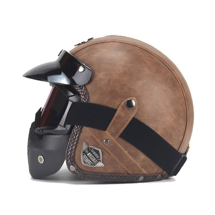 Casque moto rétro en cuir PU, protection maximale, masque et lunettes vintage amovibles.