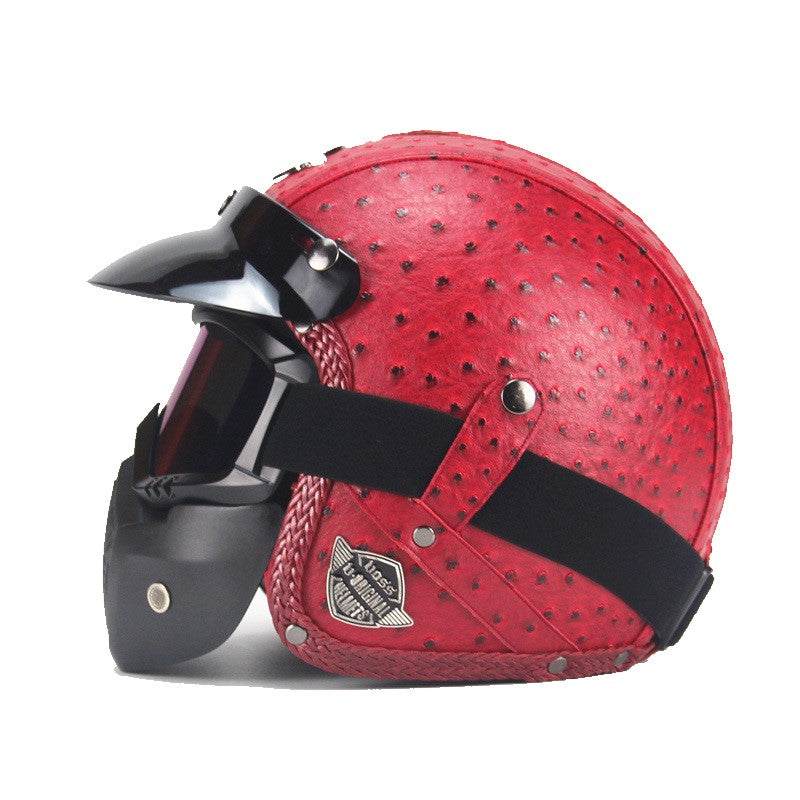 Casque moto unisexe vintage, cuir PU résistant, livré avec masque et lunettes pour un style complet.