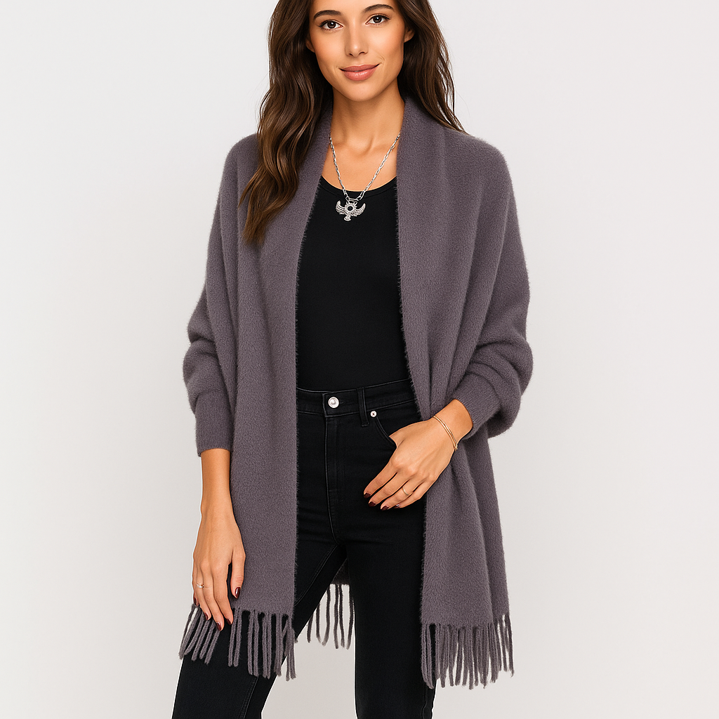 Cardigan long moderne pour femme, couleur unie, avec franges décoratives, style élégant et polyvalent.