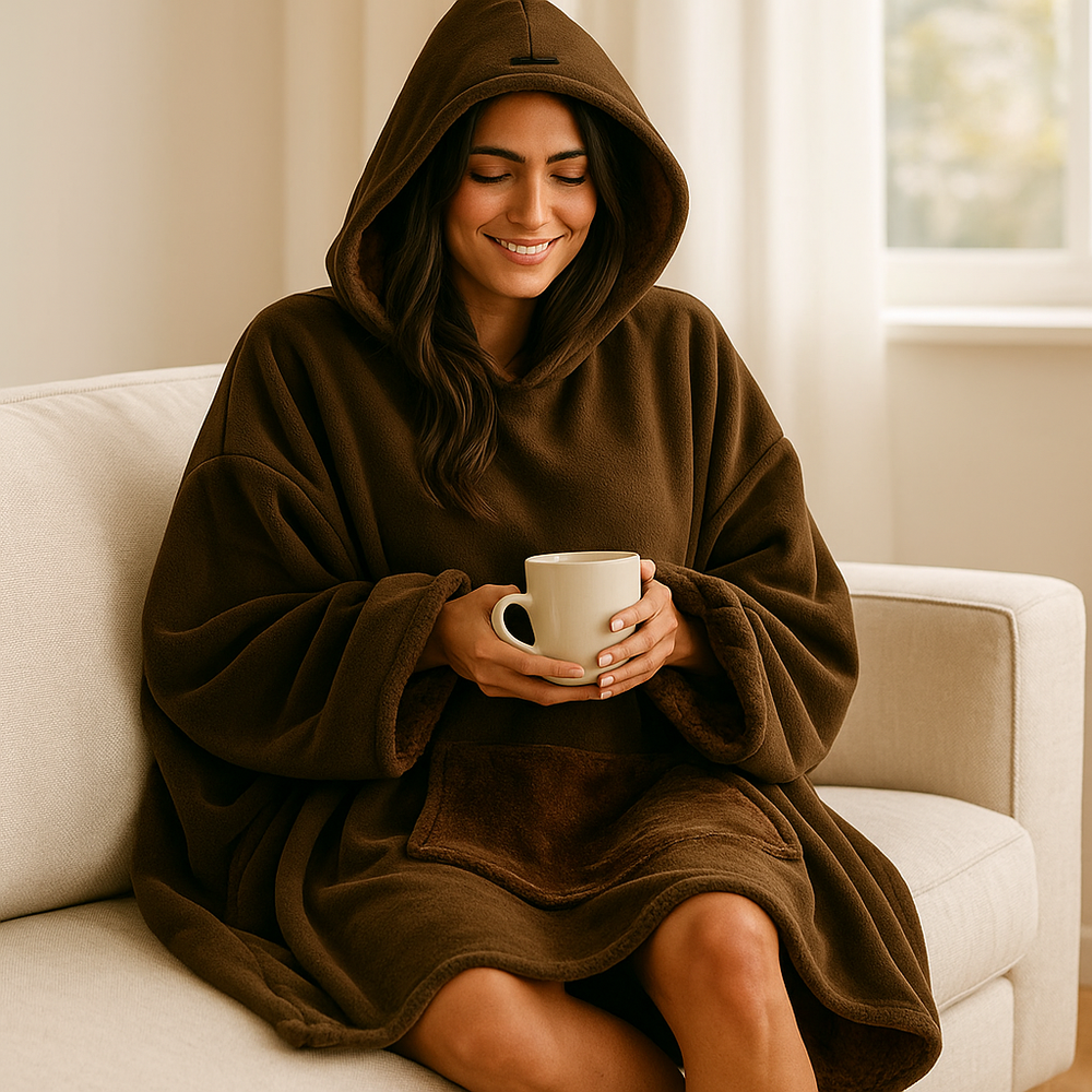 Plaid cocooning ultra-doux avec capuche pour femme, idéal pour se blottir et rester au chaud en intérieur.
